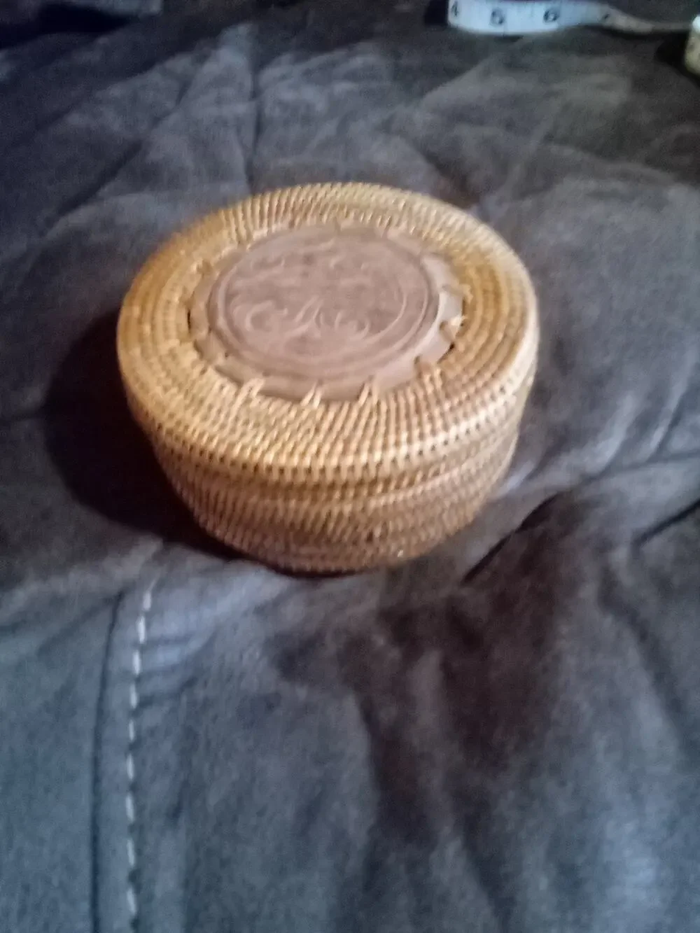 VintageTrinket Basket Indonesian Lombok Woven Oval Wood Carved Lid Natural 4x2